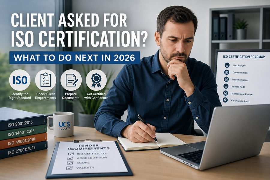 Business owner reviewing tender portal after client asked for ISO certification