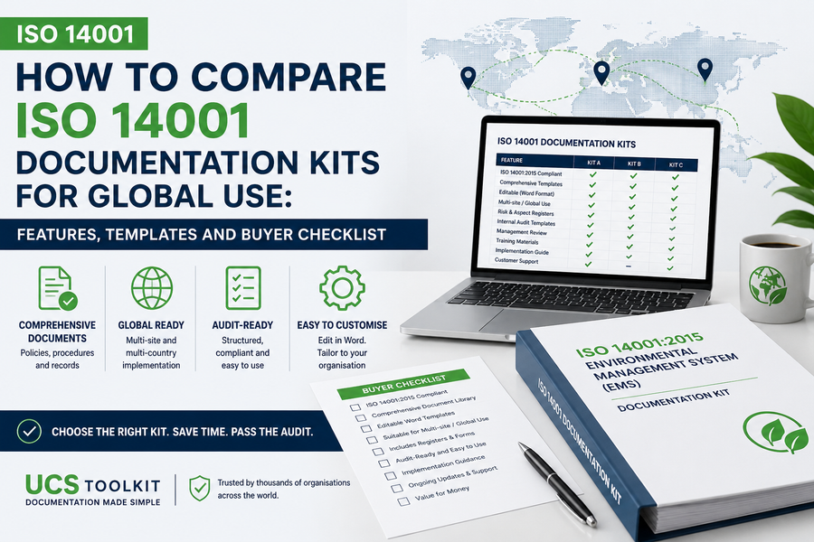 Compliance manager comparing ISO 14001 documentation kits and EMS templates for a global organization