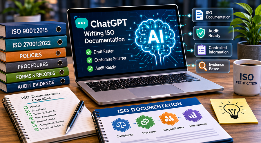 Compliance manager reviewing AI-generated ISO documentation beside audit-ready templates
