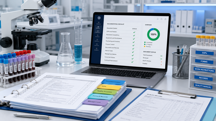 Medical laboratory team reviewing ISO 15189:2022 SOP templates and accreditation documentation checklist