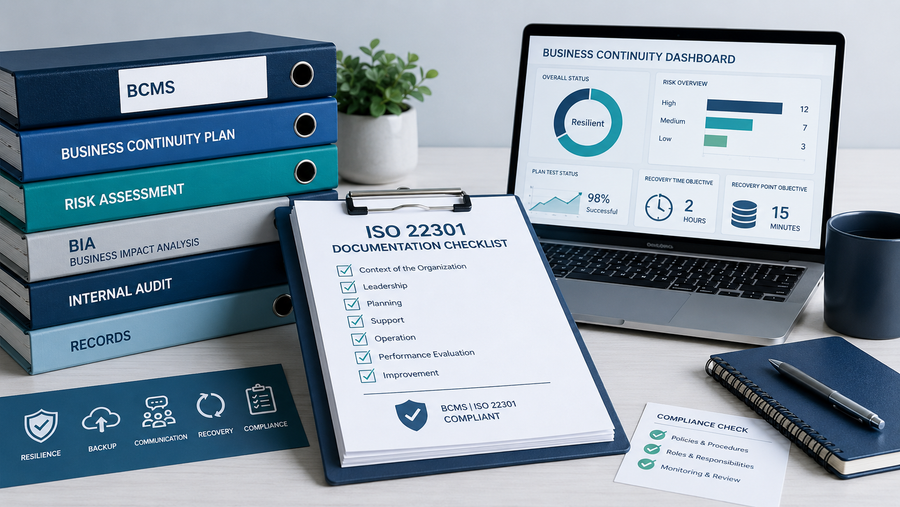 ISO 22301 documentation requirements checklist with BCMS plans, records, and audit evidence