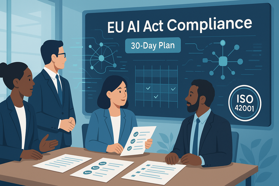 Professional team reviewing EU AI Act compliance dashboard with 30-day implementation plan, ISO 42001 templates, and AI governance checklist on large display screen
