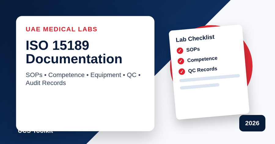 ISO 15189 UAE medical laboratory documentation checklist graphic with lab records and quality controls