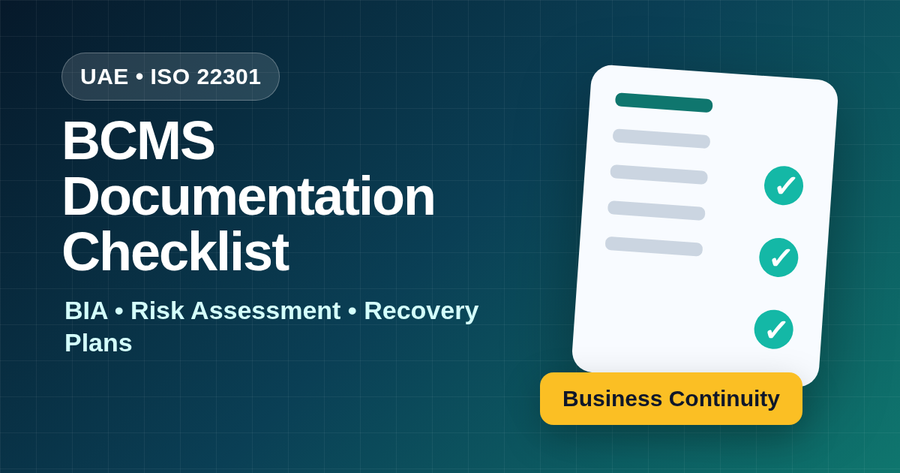 UAE ISO 22301 business continuity documentation checklist visual with BCMS planning cards