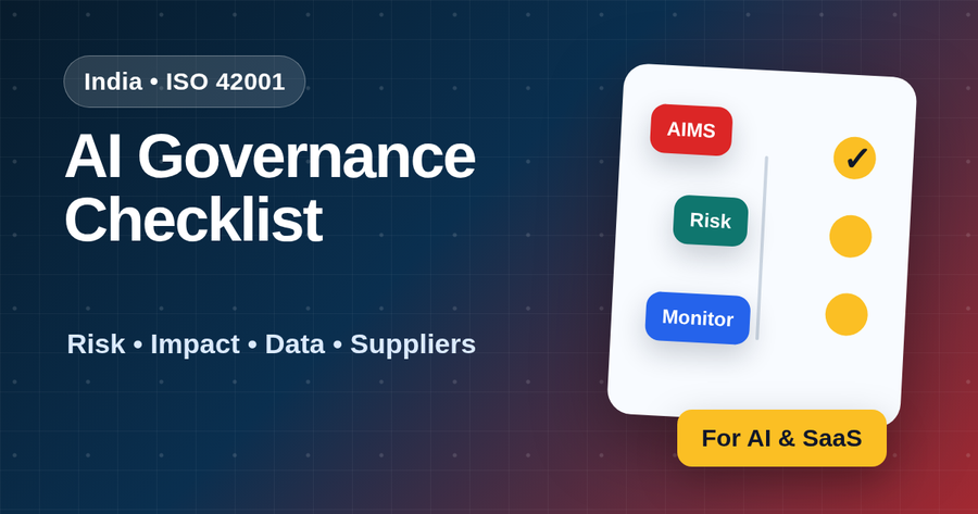 India ISO 42001 AI governance documentation checklist visual with AIMS risk cards